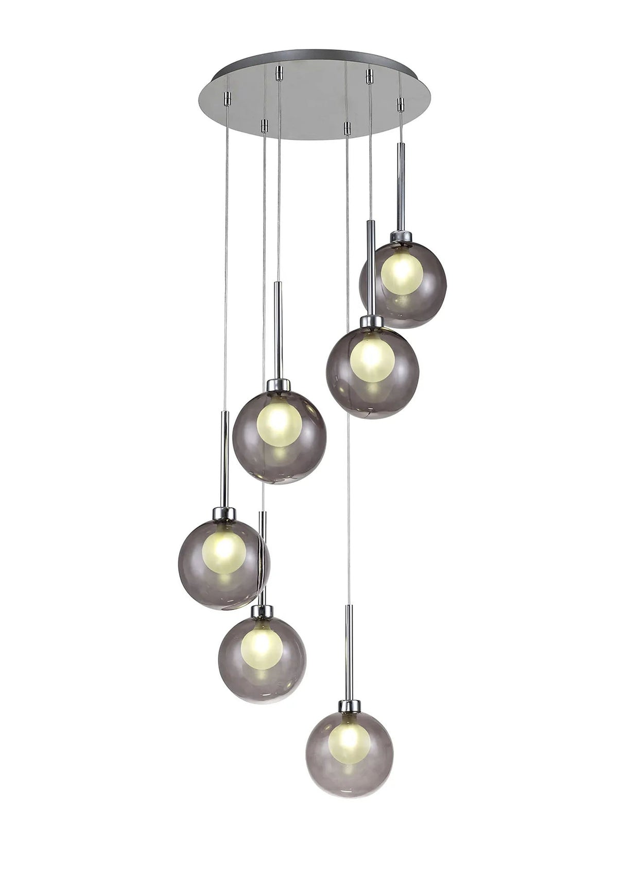 Lathen Round Pendant 2.5m, 6 x G9, Polished Chrome/Smoked/Frosted Type G Shade