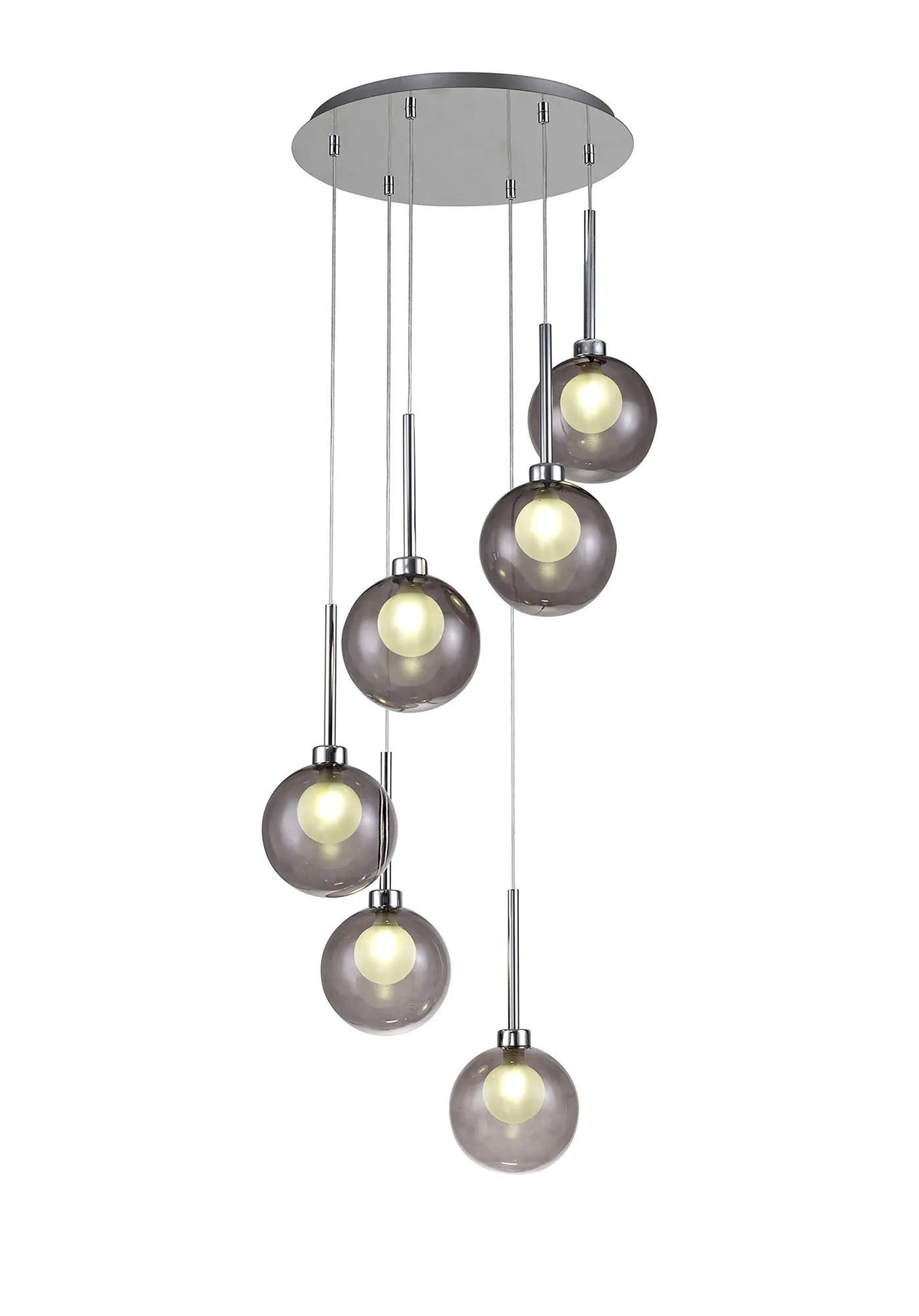 Lathen Round Pendant 2.5m, 6 x G9, Polished Chrome/Smoked/Frosted Type G Shade