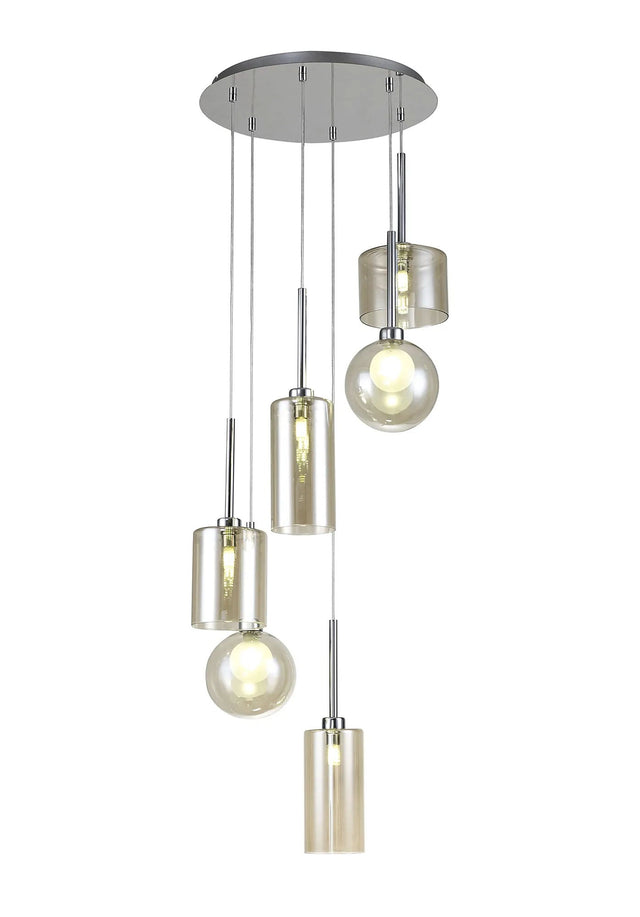 Lathen Round Pendant 2.5m, 6 x G9, Polished Chrome/Cognac/Frosted Type A,B,C,G Shade