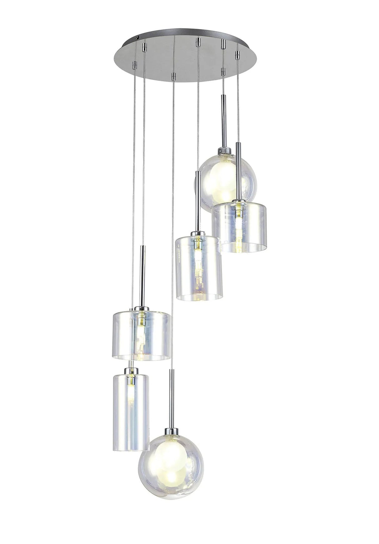 Lathen Round Pendant 2.5m, 6 x G9, Polished Chrome/Iridescent/Frosted Type A,B,C Shade