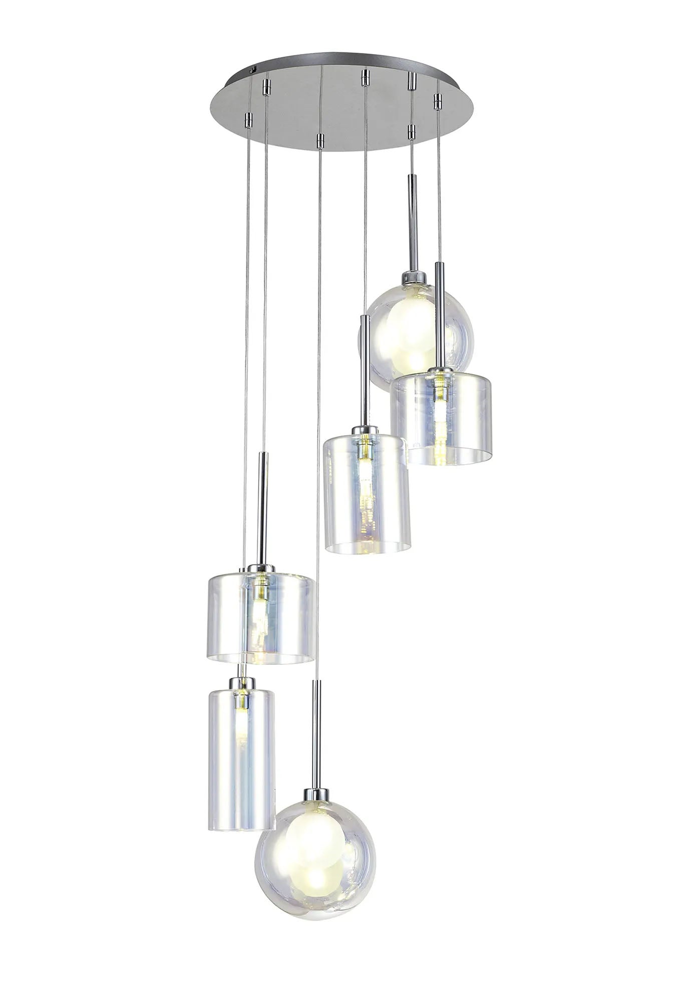 Lathen Round Pendant 2.5m, 6 x G9, Polished Chrome/Iridescent/Frosted Type A,B,C Shade
