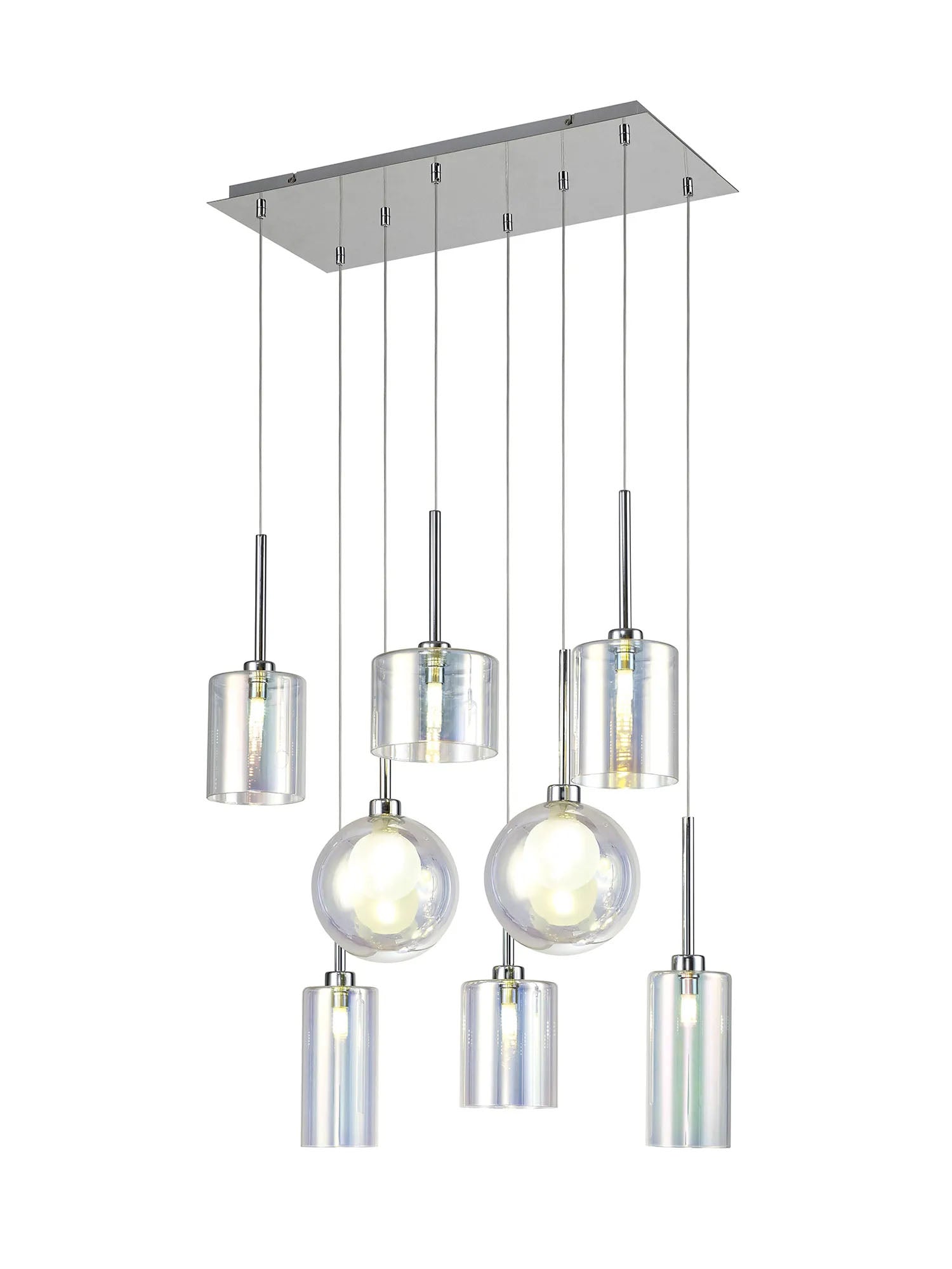 Lathen Rectangle Multiple Pendant 2m, 8 x G9, Polished Chrome/Iridescent/Frosted Type A,B,C Shade