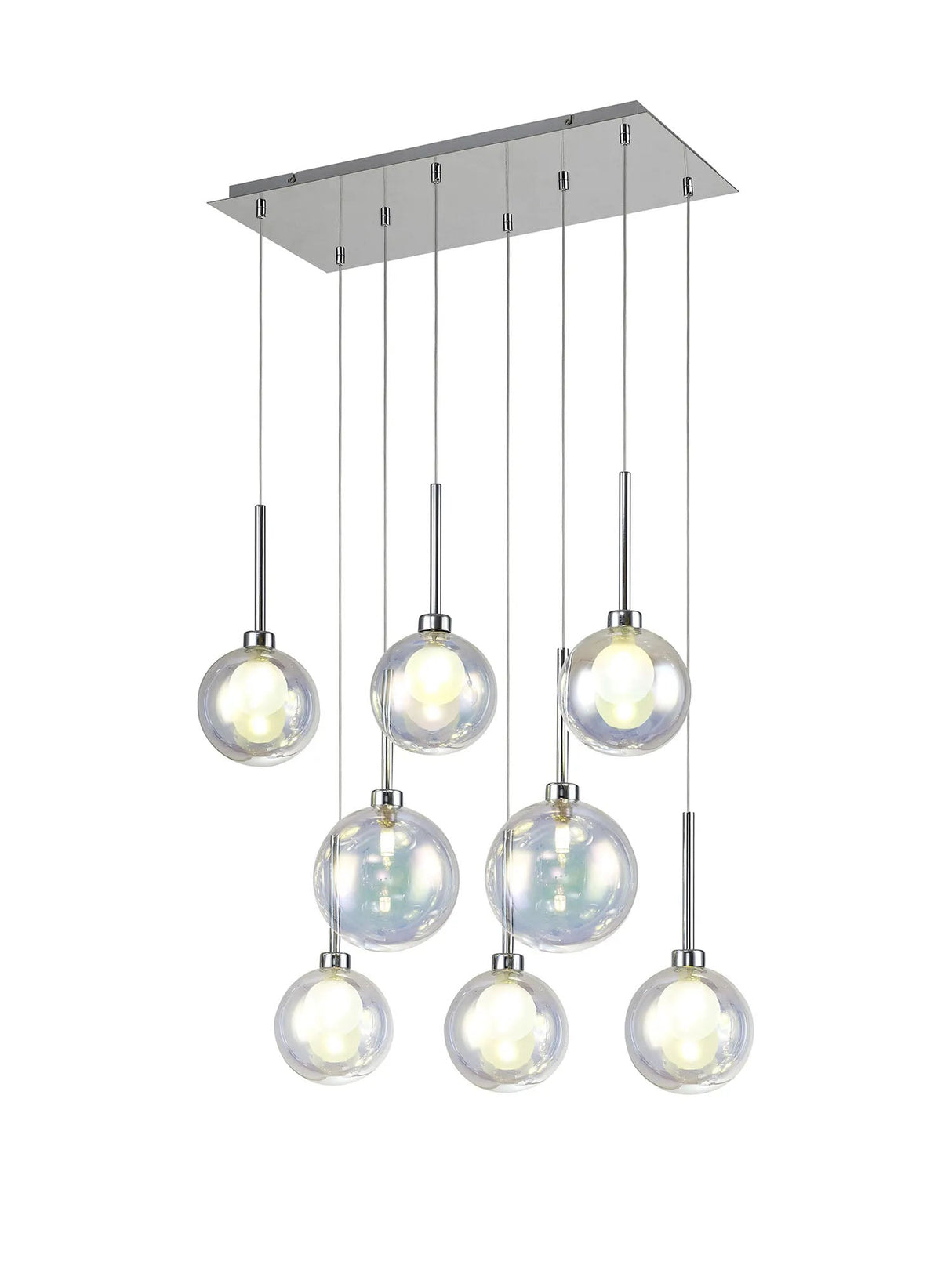 Lathen Rectangle Multiple Pendant 2m, 8 x G9, Polished Chrome/Iridescent/Frosted Type G Shade