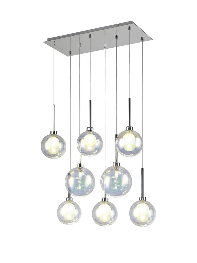 Lathen Rectangle Multiple Pendant 2m, 8 x G9, Polished Chrome/Iridescent/Frosted Type G Shade