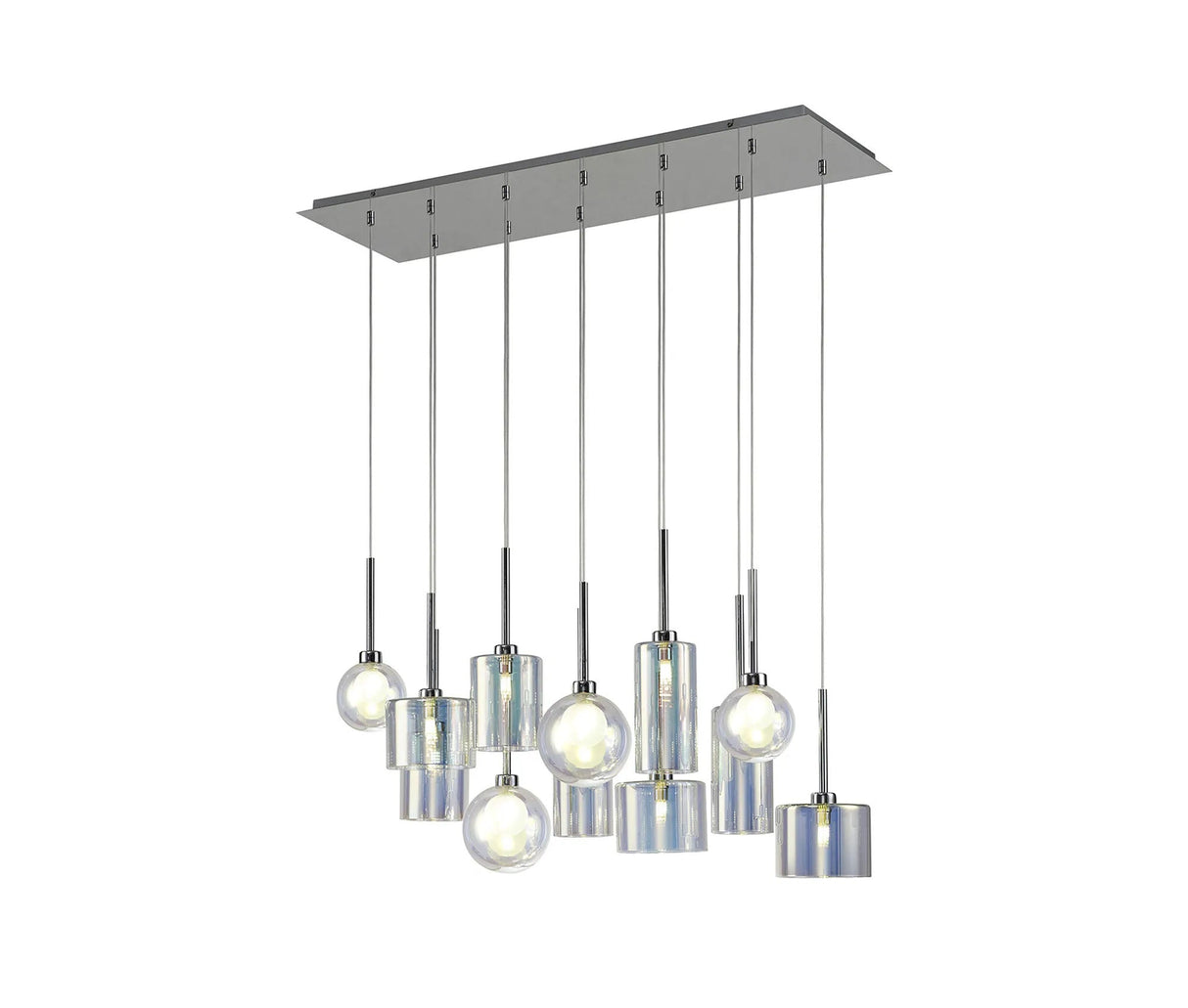 Lathen Linear Pendant 2m, 12 x G9, Polished Chrome/Iridescent/Frosted Type A,B,C,G Shade