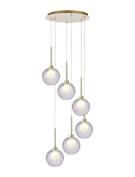 Lathen Round Pendant 2.5m, 6 x G9, French Gold/Smoked/Frosted Type G Shade