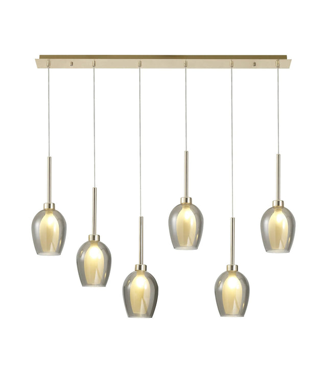 Lathen Linear Pendant 2m, 6 x G9, French Gold/Smoke/Frosted Type D Shade