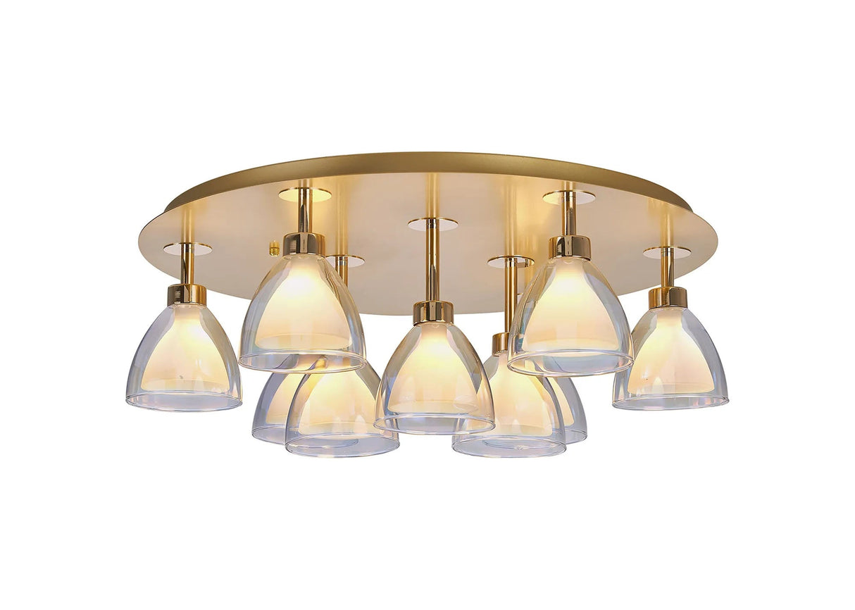 Lathen Round Flush 9 Light Cone Glass French Gold