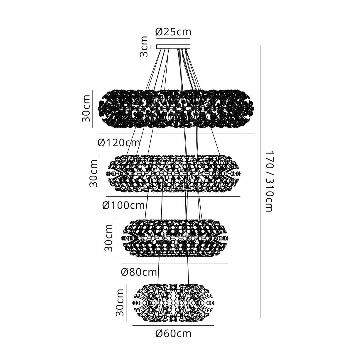 Byrne 4 Tier 60cm + 80cm + 100cm + 120cm Pendant, 12 + 20 + 26 + 30 Light G9 Polished Chrome/Crystal
