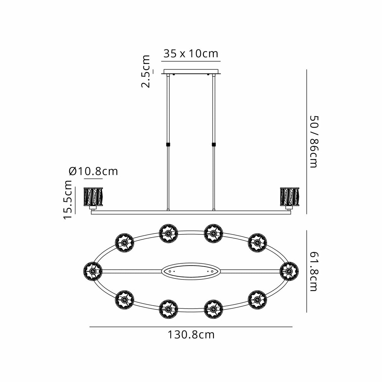Swindlehirs 10 Light Oval G9 Telescopic Light Sand Black / Smoked Crystal Shade