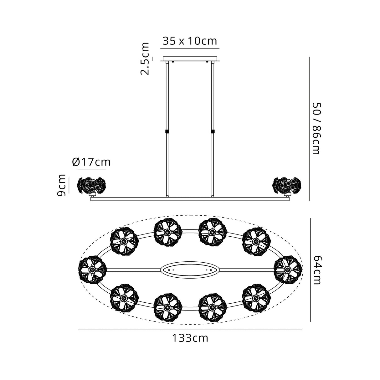 Byrne French Gold 10 Light Oval G9 Telescopic Light French Gold & Crystal Shade