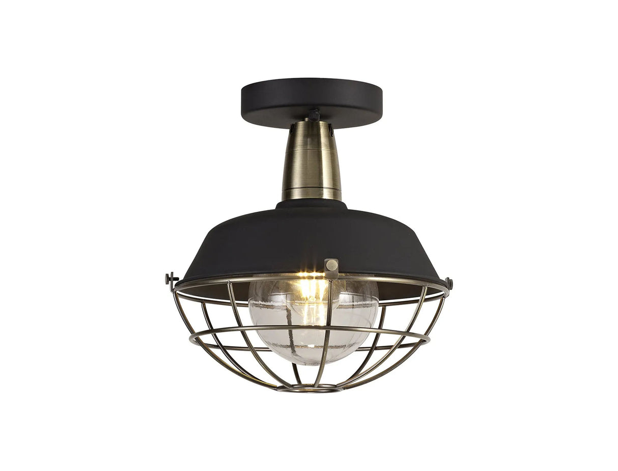 Lemon Semi Flush Ceiling, 1 x E27, IP65, Matt Black/Antique Brass