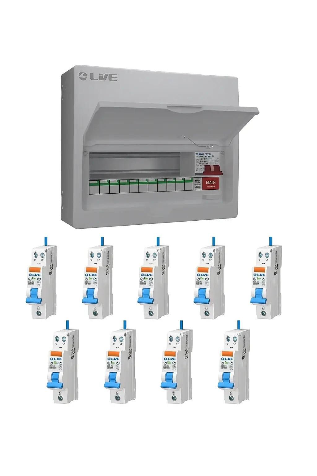 Live Electrical 14-way metal consumer unit with lid open showing fitted SPD and main switch, displayed alongside nine individual RCBO circuit breakers