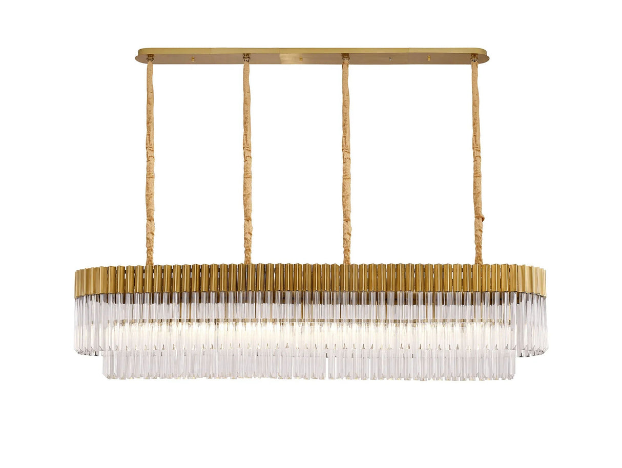 Longhorn 180 x 40cm Linear Pendant, 9 Light E14, Brass/Clear Sculpted Glass