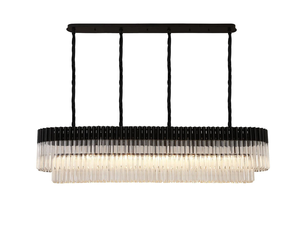 Longhorn 180 x 40cm Linear Pendant, 9 Light E14, Matt Black/Clear Sculpted Glass