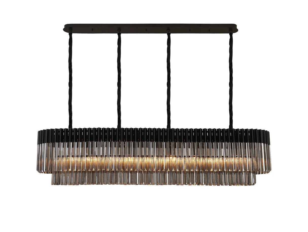 Longhorn 180 x 40cm Linear Pendant, 9 Light E14, Matt Black/Smoked Sculpted Glass