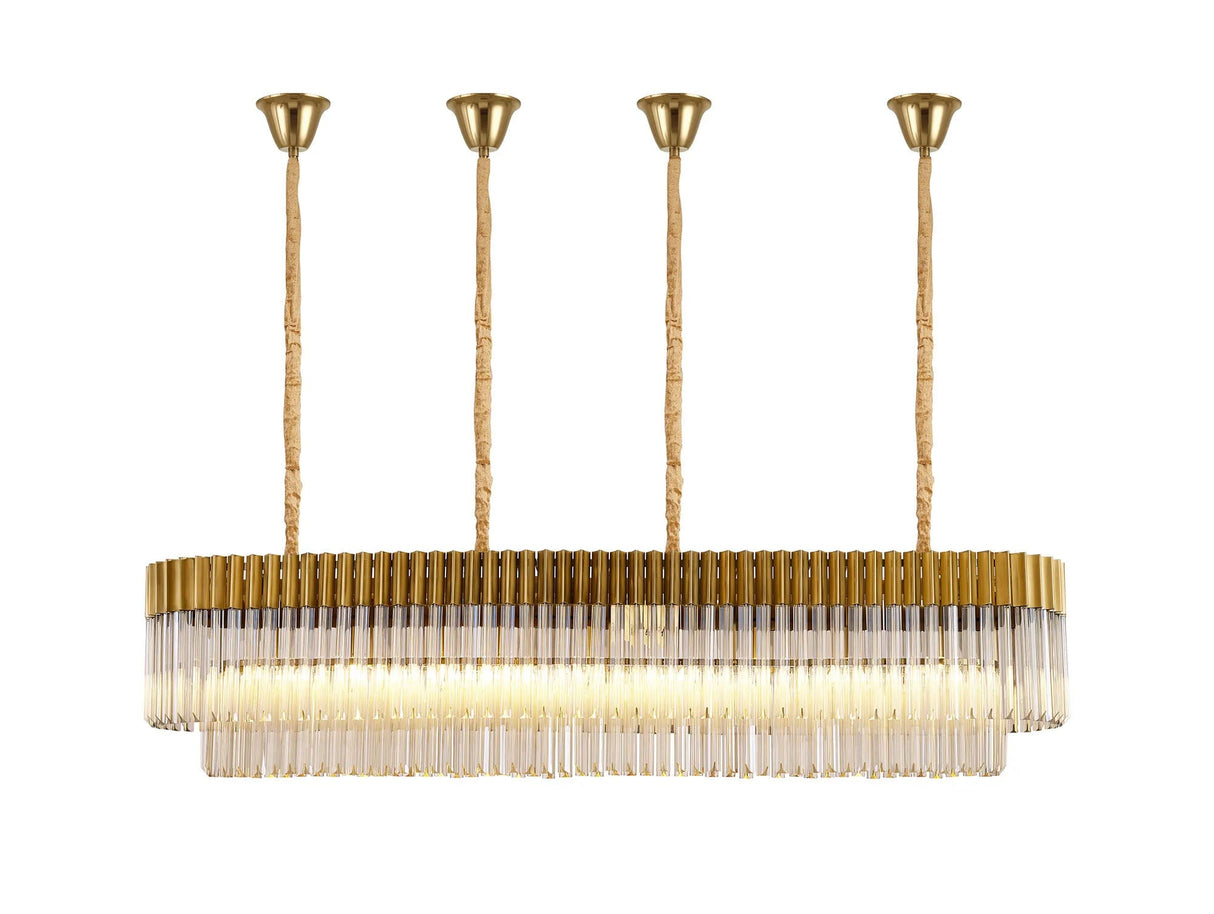 Longhorn 180 x 40cm Linear Pendant With Bell Cup, 9 Light E14, Brass/Cognac Sculpted Glass