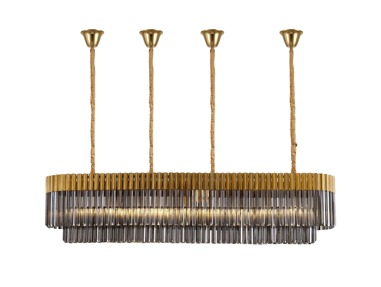 Longhorn 180 x 40cm Linear Pendant With Bell Cup, 9 Light E14, Brass/Smoked Sculpted Glass