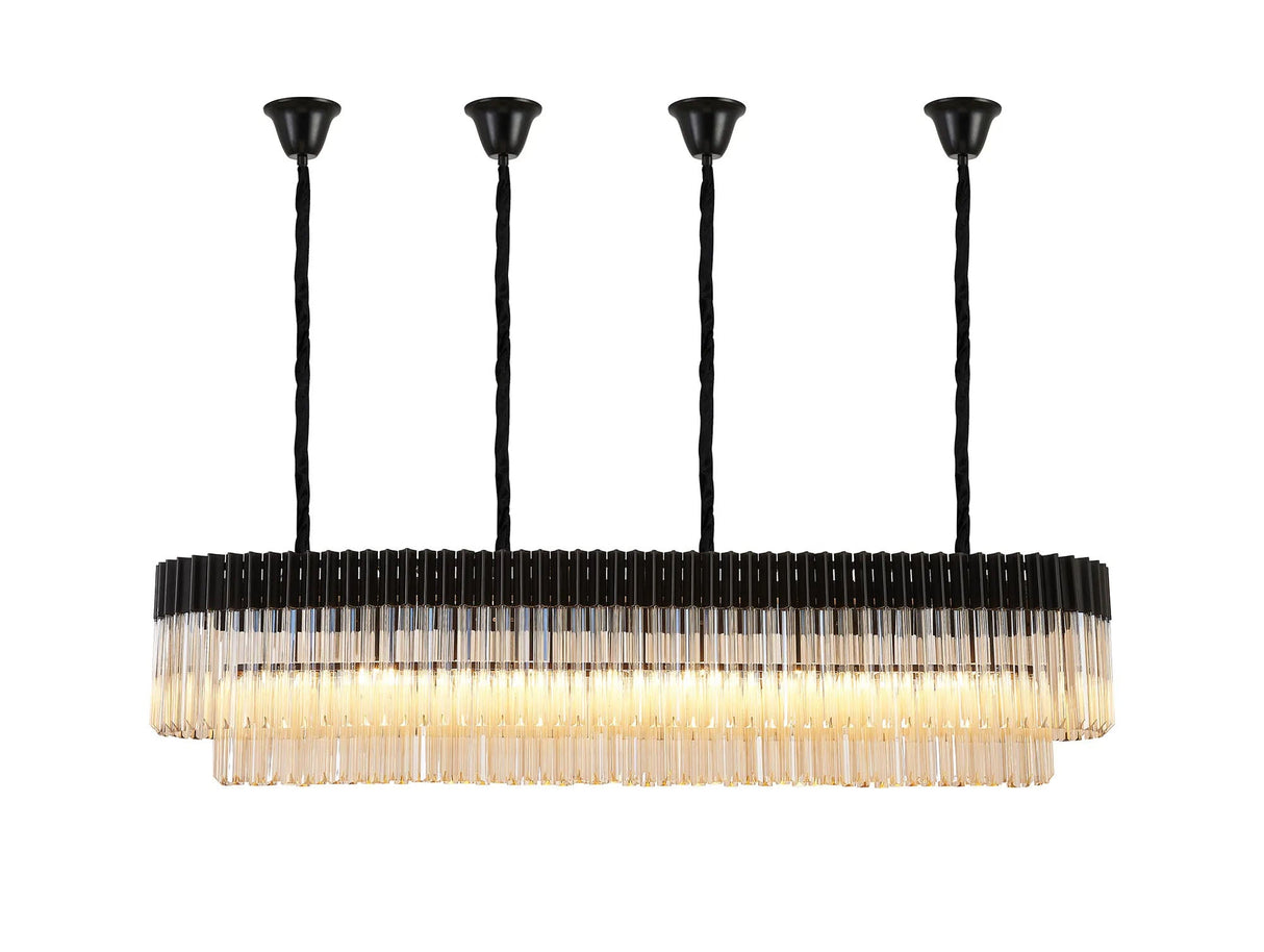 Longhorn 180 x 40cm Linear Pendant With Bell Cup, 9 Light E14, Matt Black/Cognac Sculpted Glass