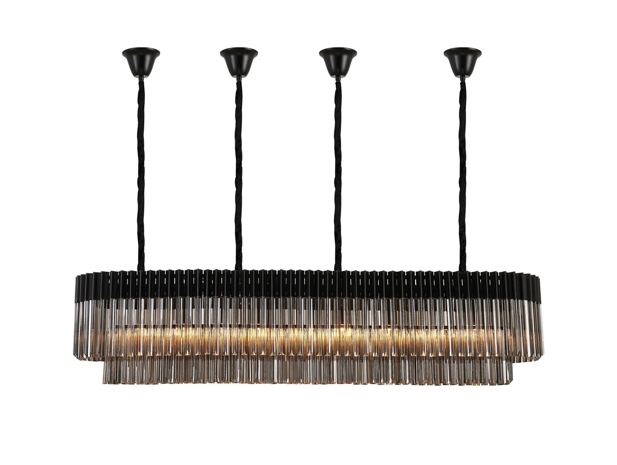 Longhorn 180 x 40cm Linear Pendant With Bell Cup, 9 Light E14, Matt Black/Smoked Sculpted Glass