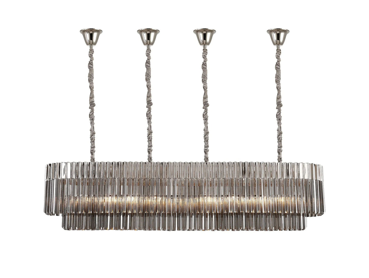 Longhorn 180 x 40cm Linear Pendant With Bell Cup, 9 Light E14, Polished Nickel/Smoked Sculpted Glass
