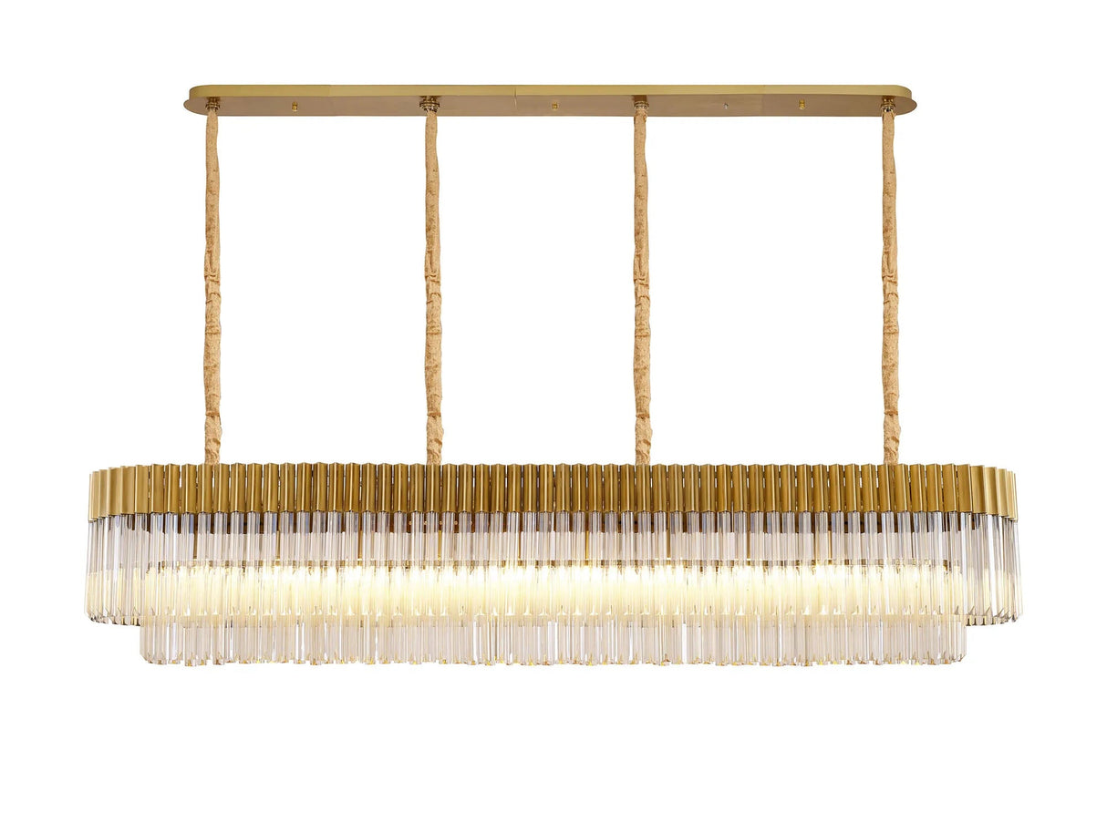 Longhorn 200 x 40cm Linear Pendant, 10 Light E14, Brass/Cognac Sculpted Glass