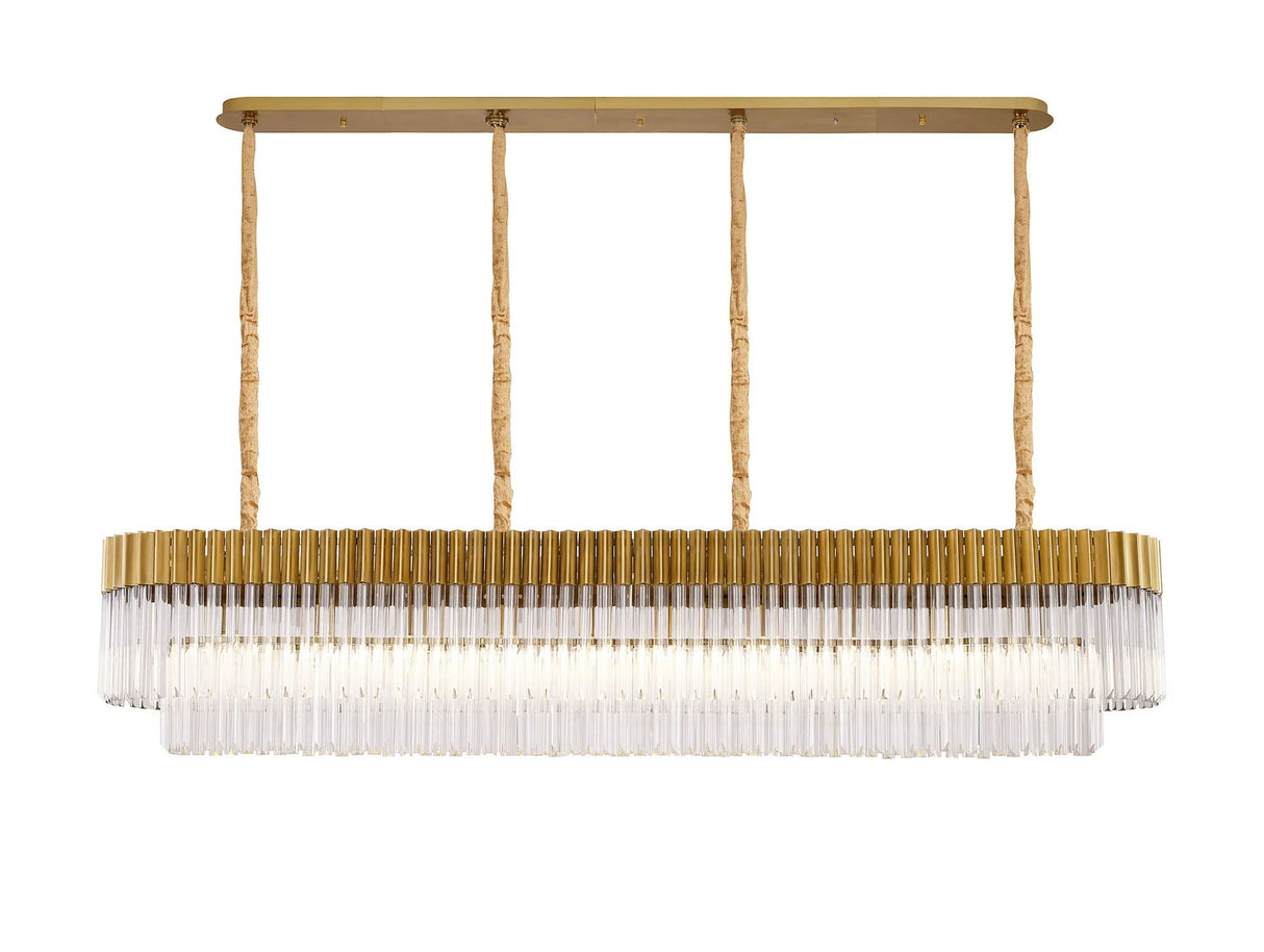 Longhorn 200 x 40cm Linear Pendant, 10 Light E14, Brass/Clear Sculpted Glass