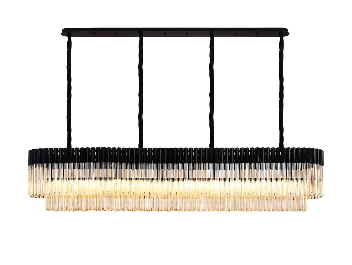 Longhorn 200 x 40cm Linear Pendant, 10 Light E14, Matt Black/Cognac Sculpted Glass