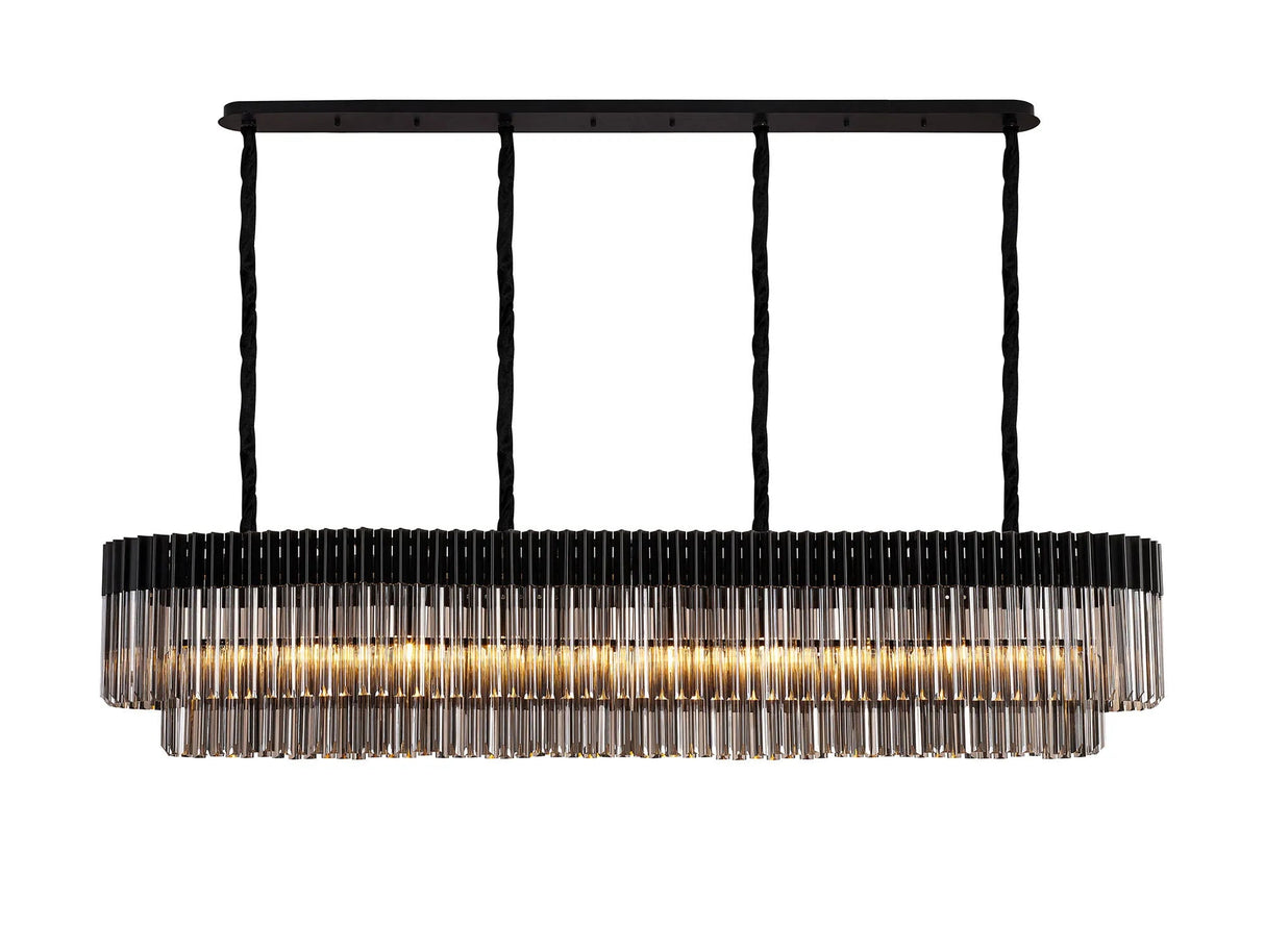 Longhorn 200 x 40cm Linear Pendant, 10 Light E14, Matt Black/Smoked Sculpted Glass