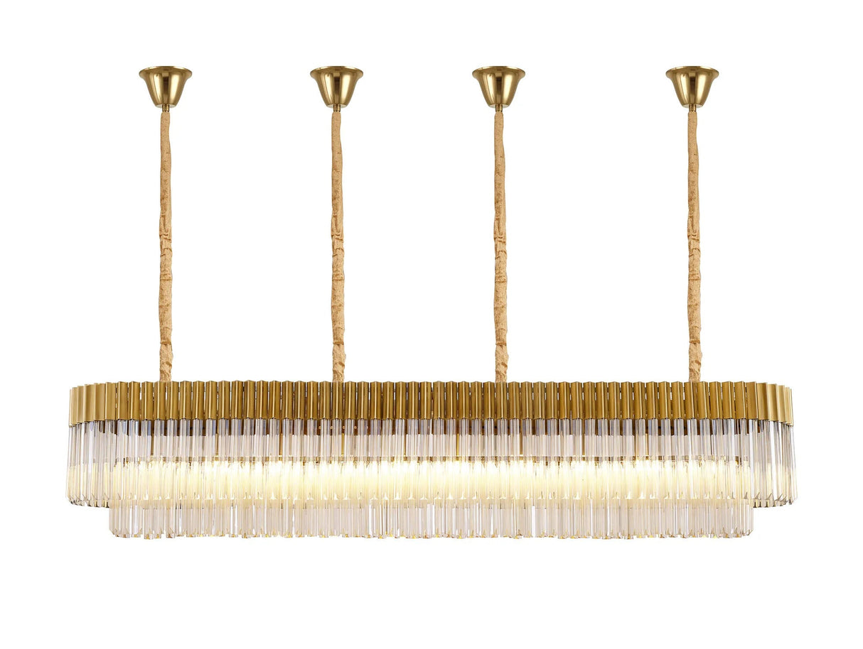 Longhorn 200 x 40cm Linear Pendant With Bell Cup, 10 Light E14, Brass/Cognac Sculpted Glass