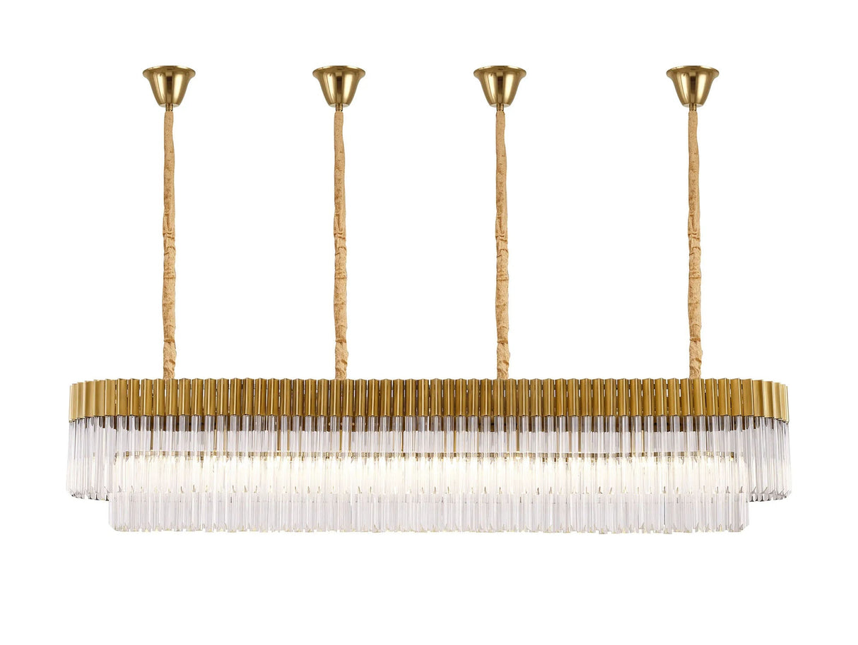 Longhorn 200 x 40cm Linear Pendant With Bell Cup, 10 Light E14, Brass/Clear Sculpted Glass
