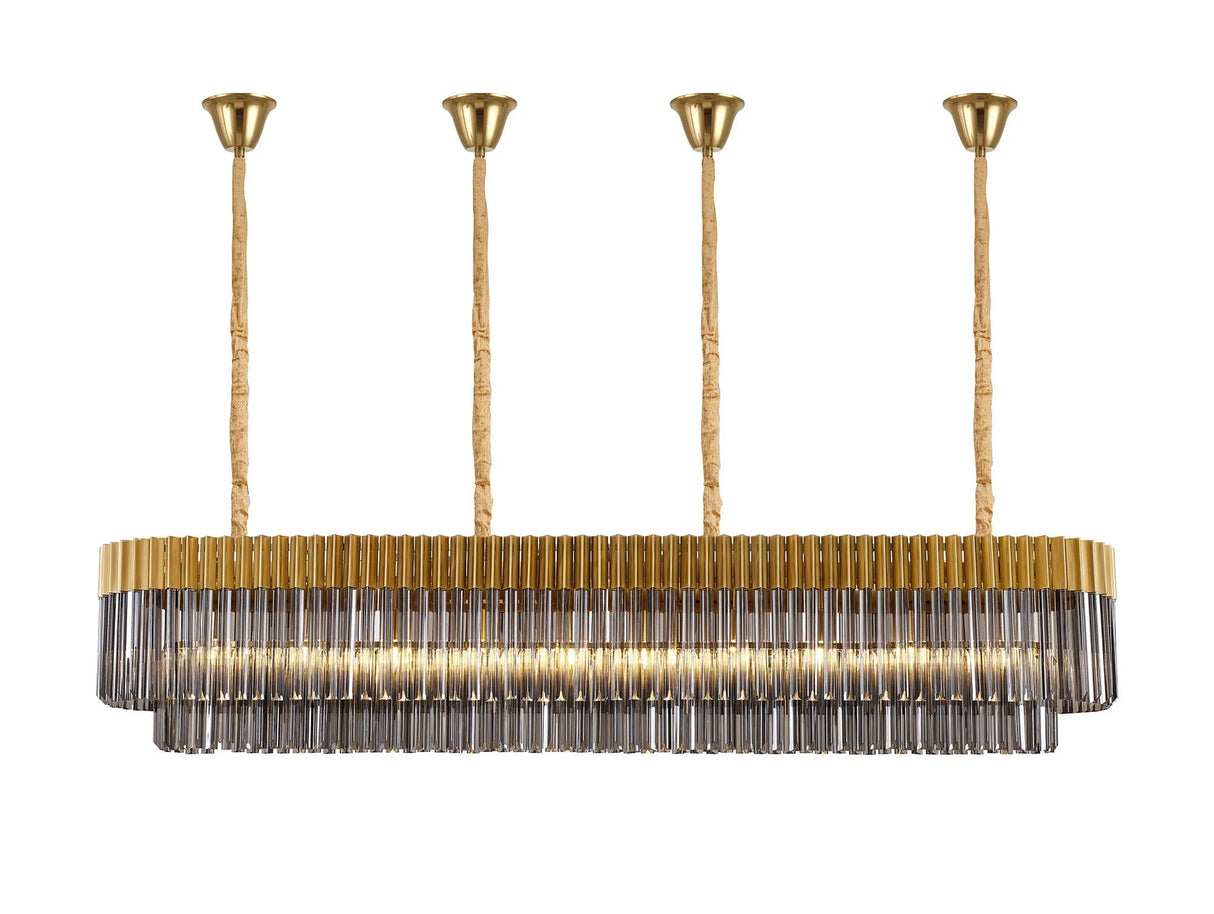 Longhorn 200 x 40cm Linear Pendant With Bell Cup, 10 Light E14, Brass/Smoked Sculpted Glass