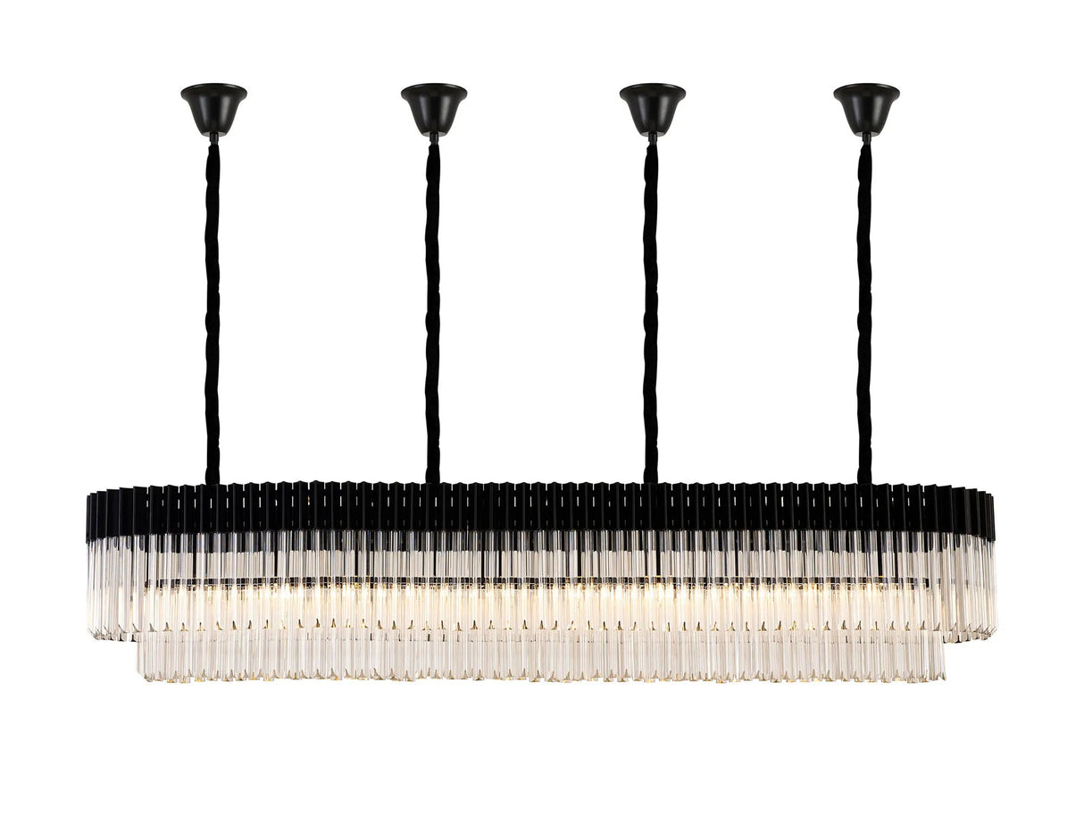 Longhorn 200 x 40cm Linear Pendant With Bell Cup, 10 Light E14, Matt Black/Clear Sculpted Glass