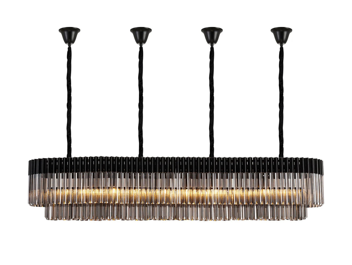 Longhorn 200 x 40cm Linear Pendant With Bell Cup, 10 Light E14, Matt Black/Smoked Sculpted Glass