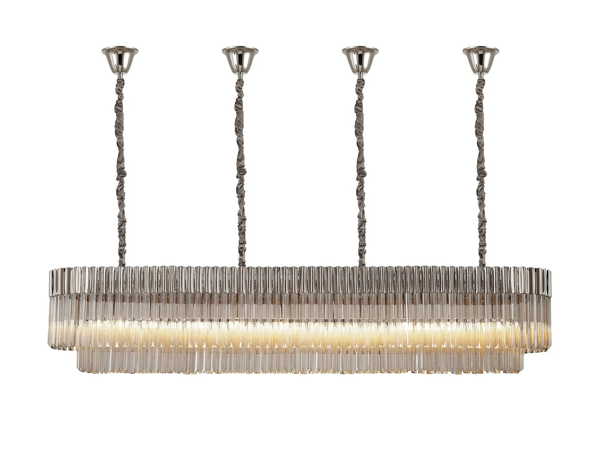 Longhorn 200 x 40cm Linear Pendant With Bell Cup, 10 Light E14, Polished Nickel/Cognac Sculpted Glass