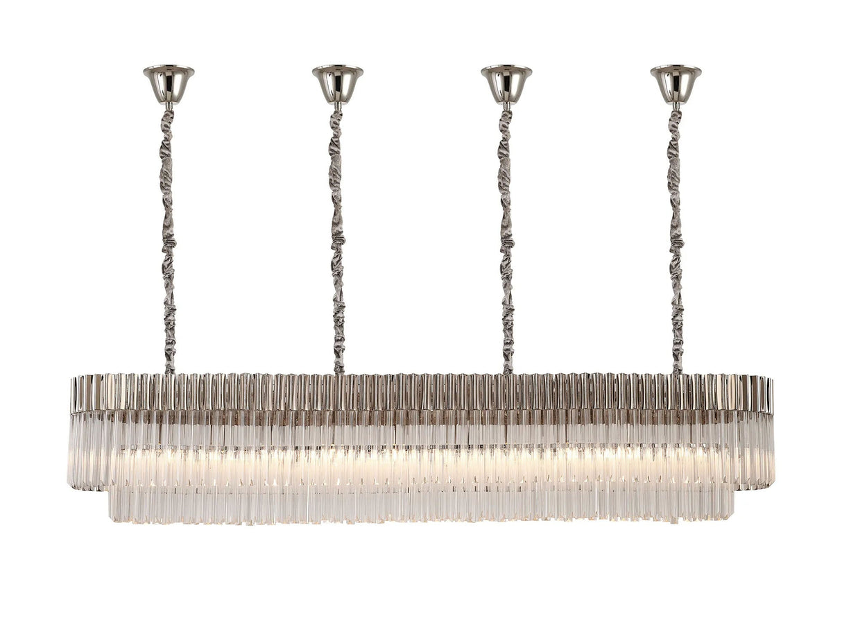Longhorn 200 x 40cm Linear Pendant With Bell Cup, 10 Light E14, Polished Nickel/Clear Sculpted Glass