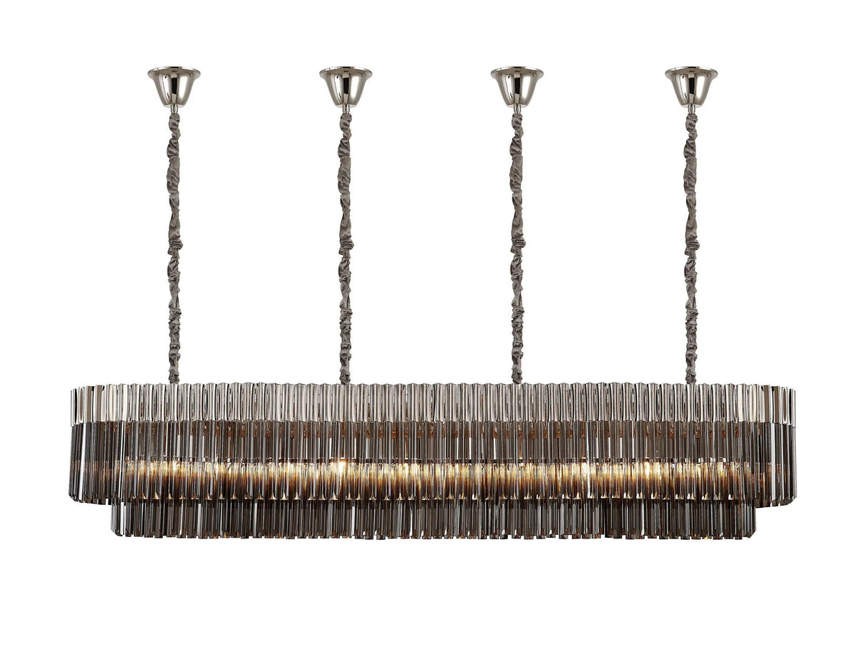 Longhorn 200 x 40cm Linear Pendant With Bell Cup, 10 Light E14, Polished Nickel/Smoked Sculpted Glass