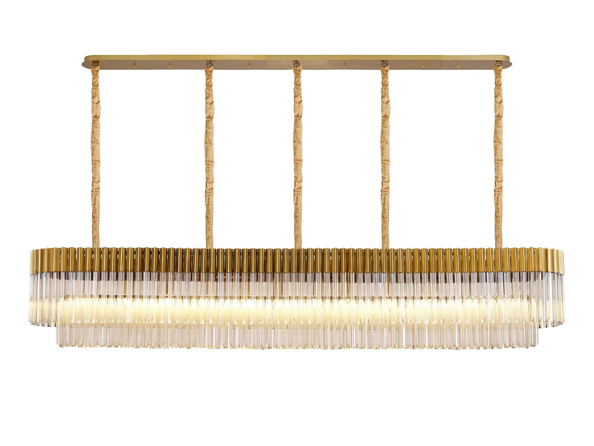 Longhorn 225 x 40cm Linear Pendant, 12 Light E14, Brass/Cognac Sculpted Glass