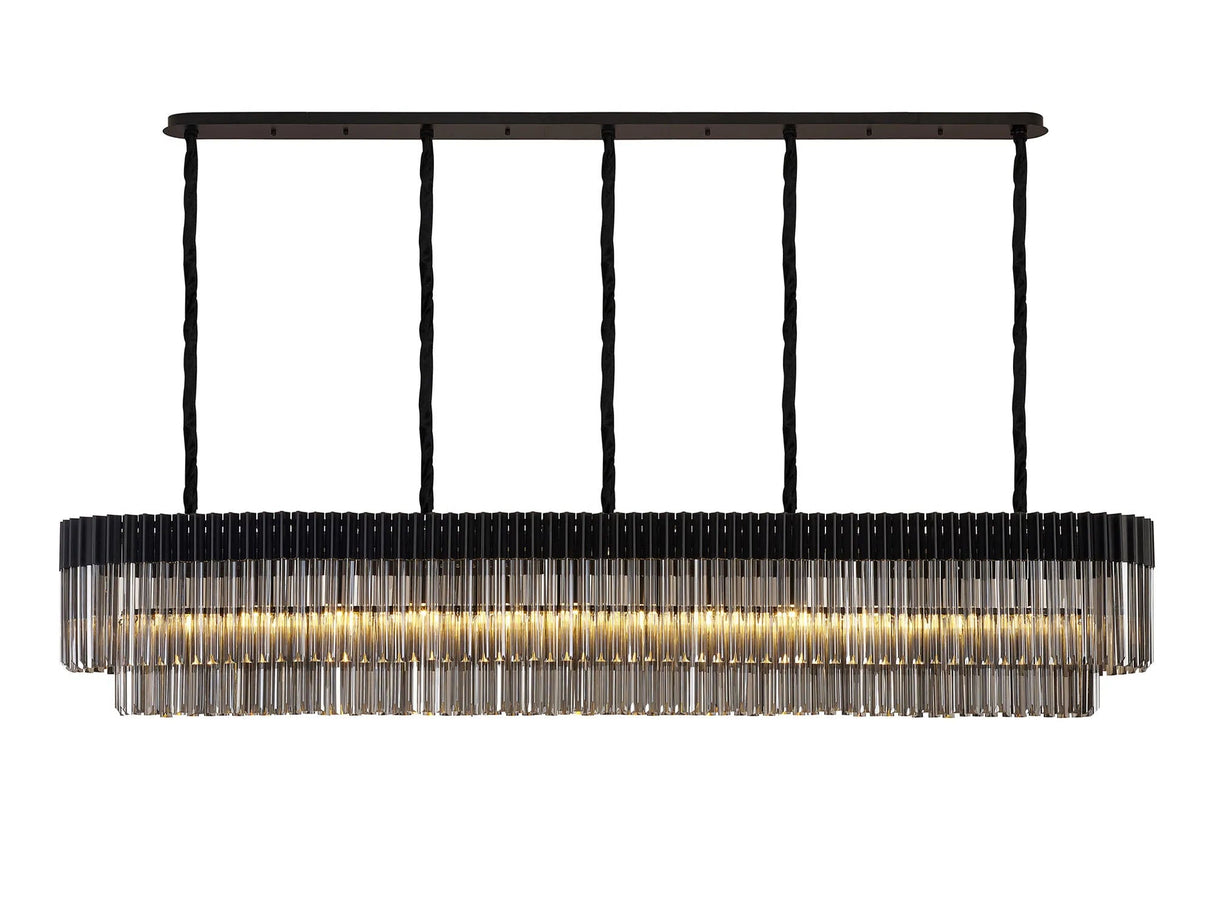 Longhorn 225 x 40cm Linear Pendant, 12 Light E14, Matt Black/Smoked Sculpted Glass