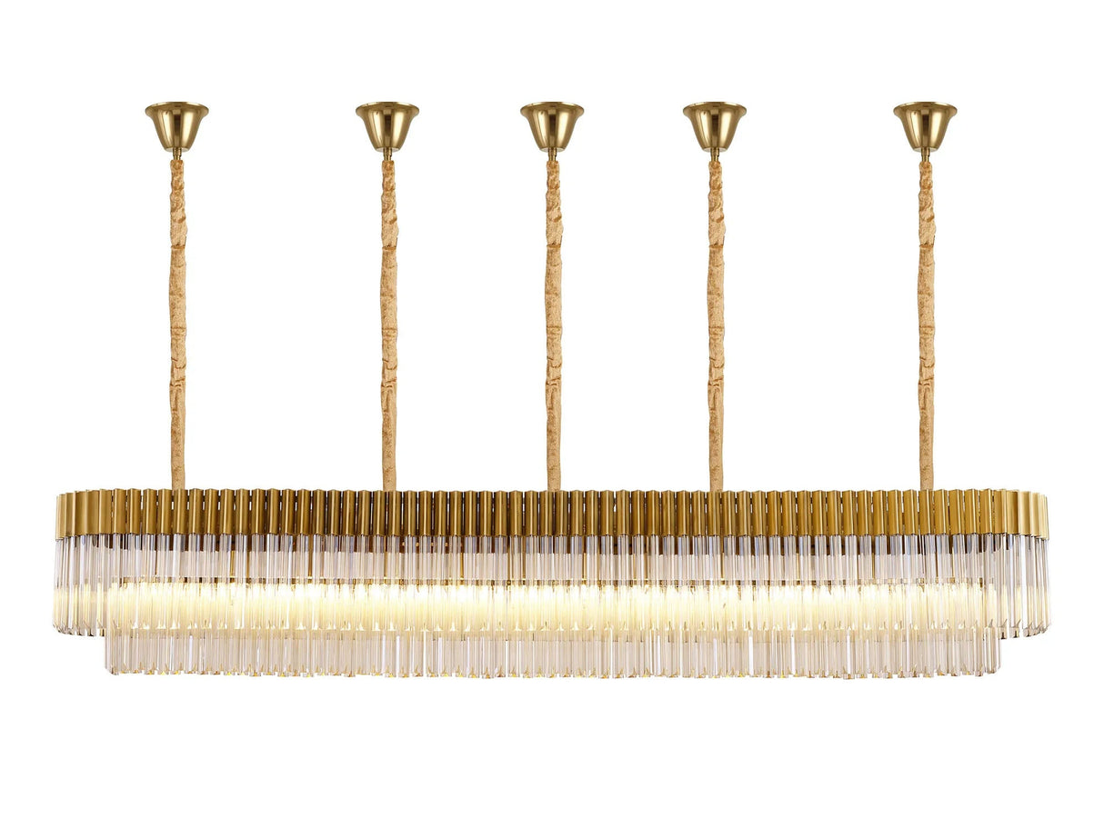 Longhorn 225 x 40cm Linear Pendant With Bell Cup, 12 Light E14, Brass/Cognac Sculpted Glass