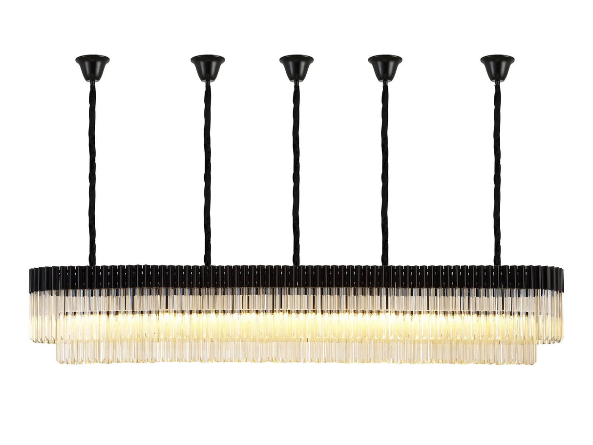 Longhorn 225 x 40cm Linear Pendant With Bell Cup, 12 Light E14, Matt Black/Cognac Sculpted Glass