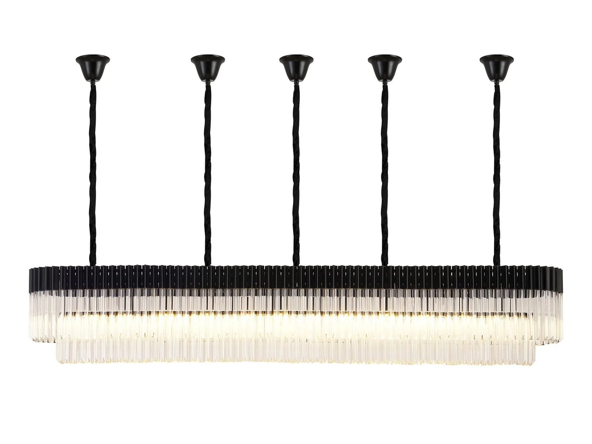Longhorn 225 x 40cm Linear Pendant With Bell Cup, 12 Light E14, Matt Black/Clear Sculpted Glass