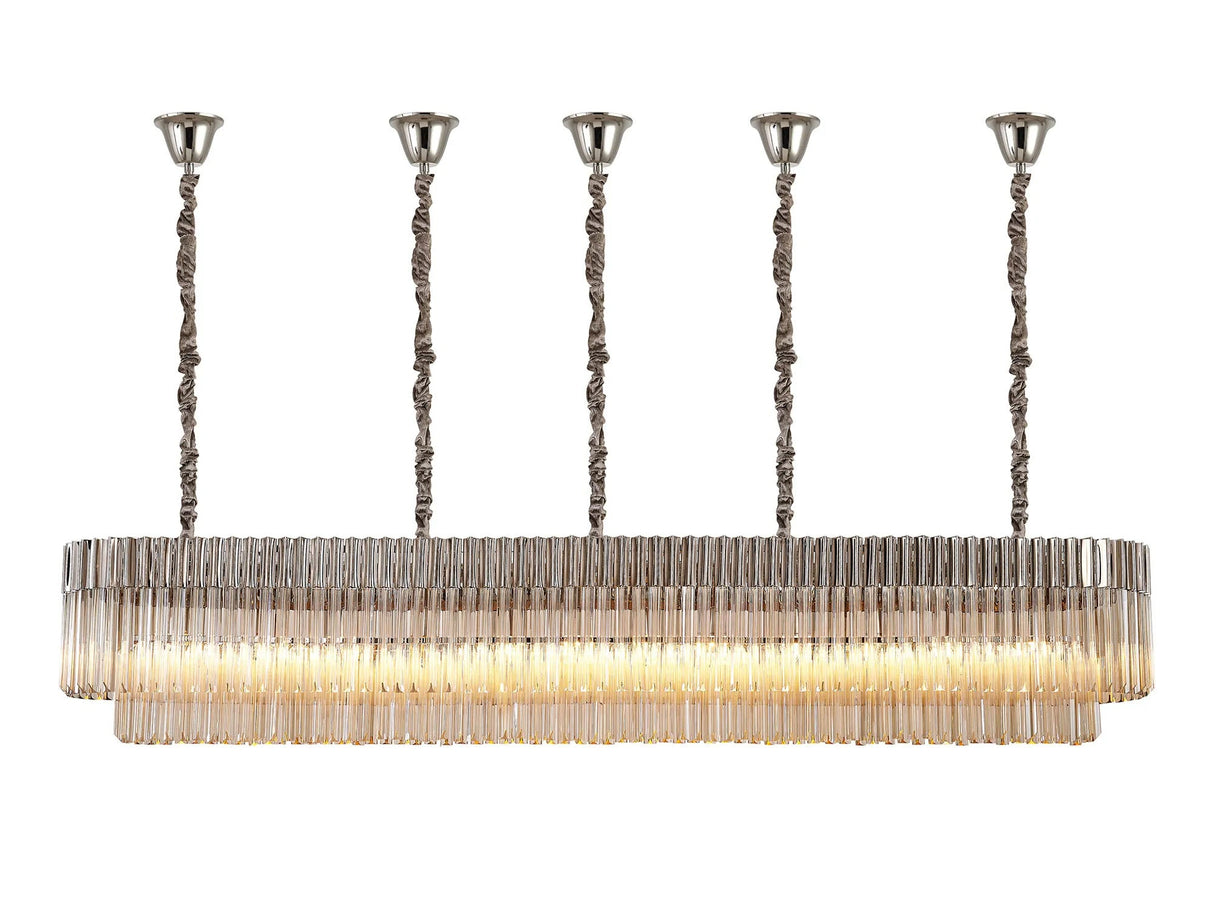 Longhorn 225 x 40cm Linear Pendant With Bell Cup, 12 Light E14, Polished Nickel/Cognac Sculpted Glass