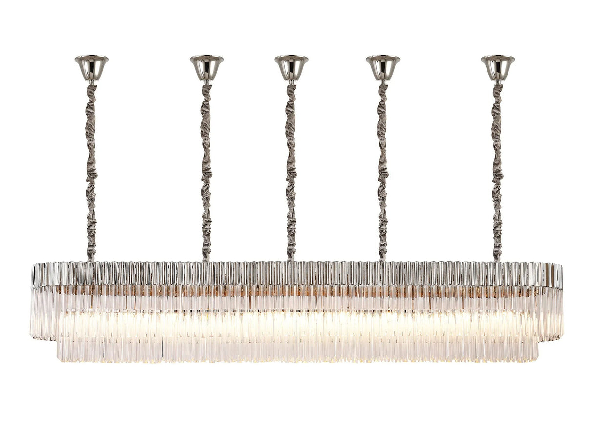 Longhorn 225 x 40cm Linear Pendant With Bell Cup, 12 Light E14, Polished Nickel/Clear Sculpted Glass