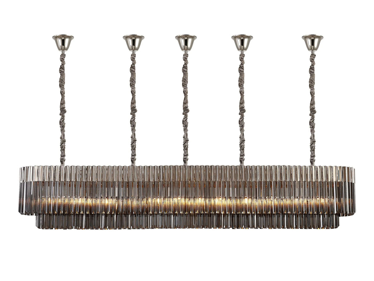 Longhorn 225 x 40cm Linear Pendant With Bell Cup, 12 Light E14, Polished Nickel/Smoked Sculpted Glass