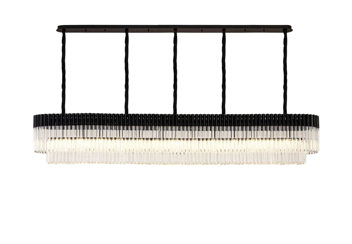 Longhorn 250 x 40cm Linear Pendant, 13 Light E14, Matt Black/Clear Sculpted Glass