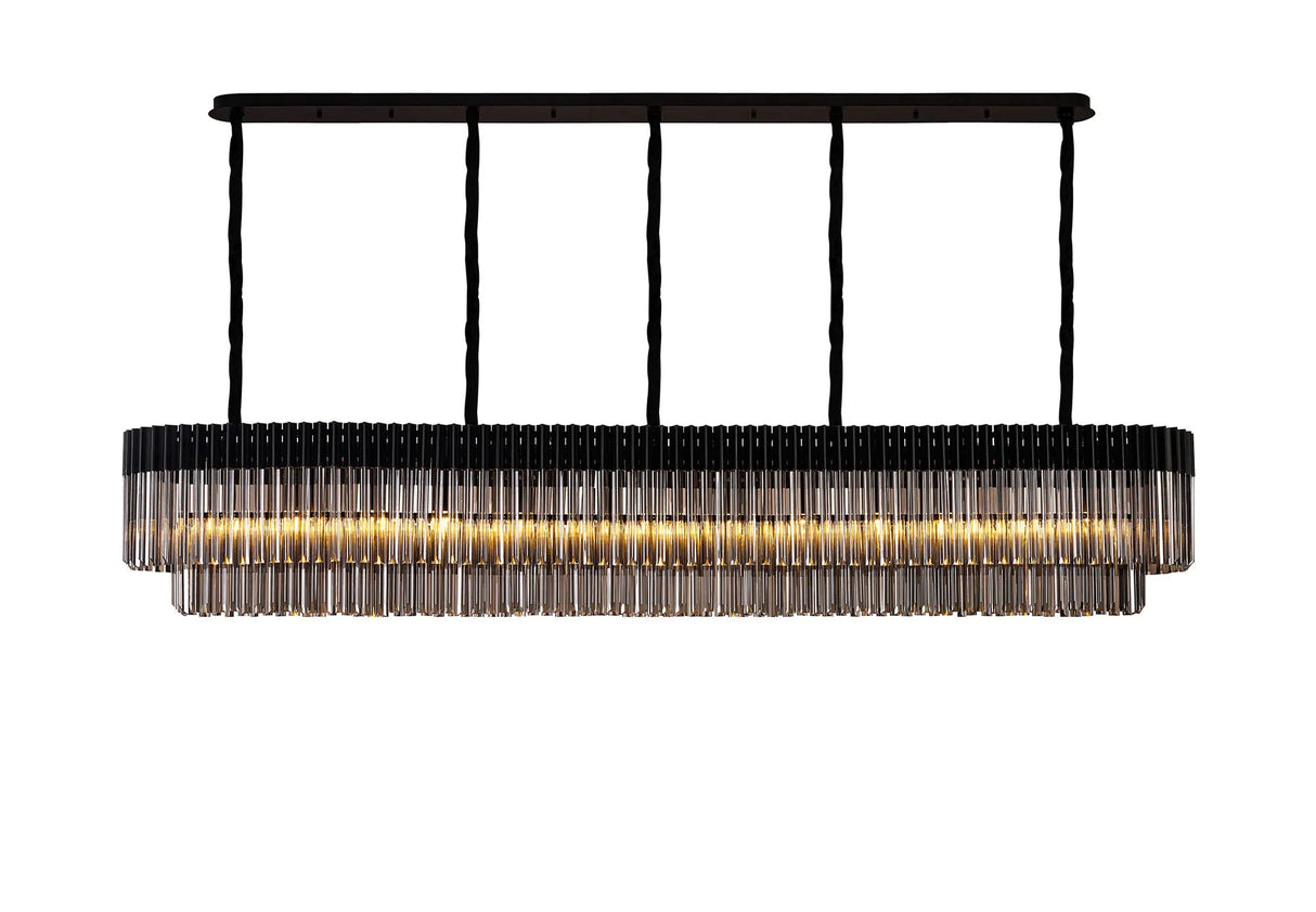 Longhorn 250 x 40cm Linear Pendant, 13 Light E14, Matt Black/Smoked Sculpted Glass