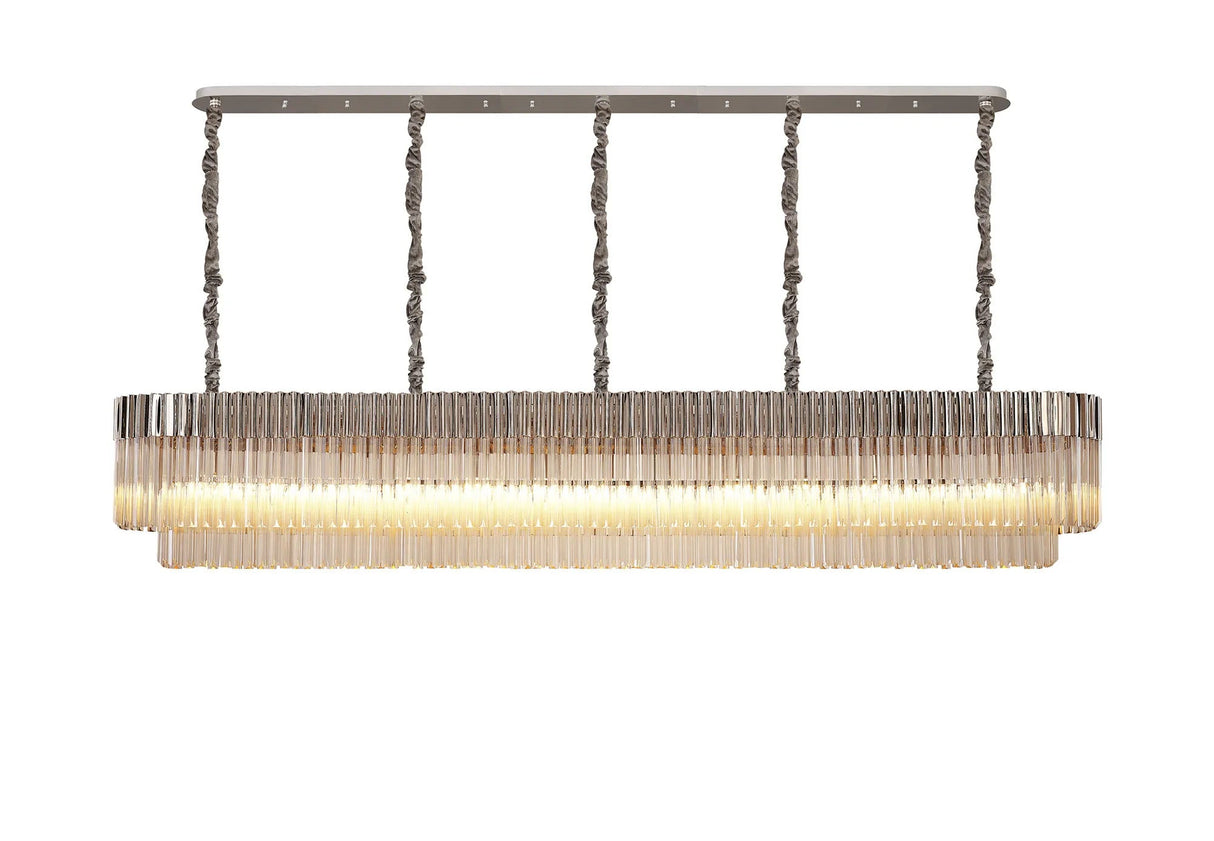 Longhorn 250 x 40cm Linear Pendant, 13 Light E14, Polished Nickel/Cognac Sculpted Glass
