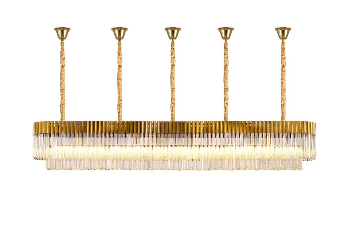 Longhorn 250 x 40cm Linear Pendant With Bell Cup, 13 Light E14, Brass/Cognac Sculpted Glass