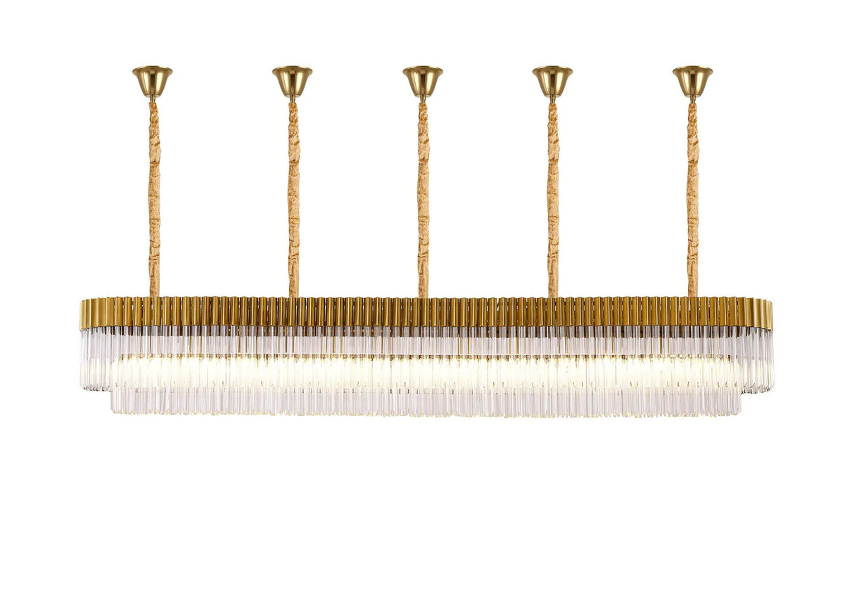 Longhorn 250 x 40cm Linear Pendant With Bell Cup, 13 Light E14, Brass/Clear Sculpted Glass